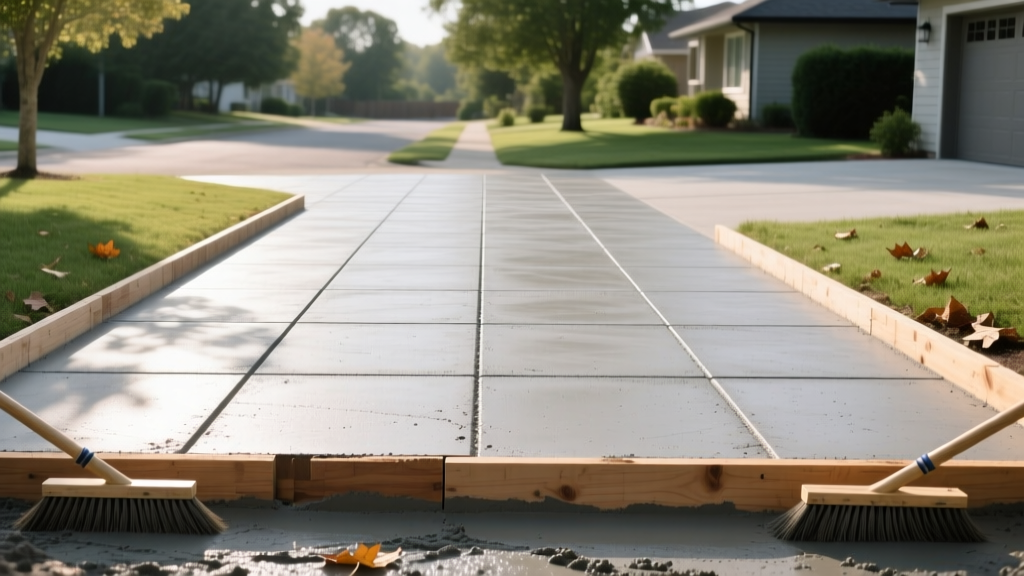 Freshly poured concrete driveway with broom finish, showing precise control joints and wooden forms in a residential setting