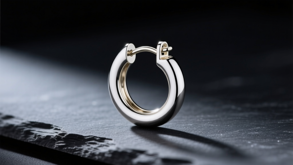 Minimalist 16-gauge white gold huggie hoop with seamless latch back closure on dark slate, lit by soft directional light.