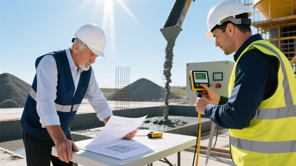 Engineer reviewing a concrete mix design document while a batch plant operator checks a digital slump meter at a pour site