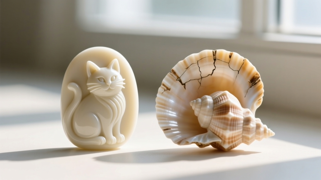 Macro shot comparing molded resin cat cameo with hand-carved shell cameo, highlighting tool marks and layered strata details
