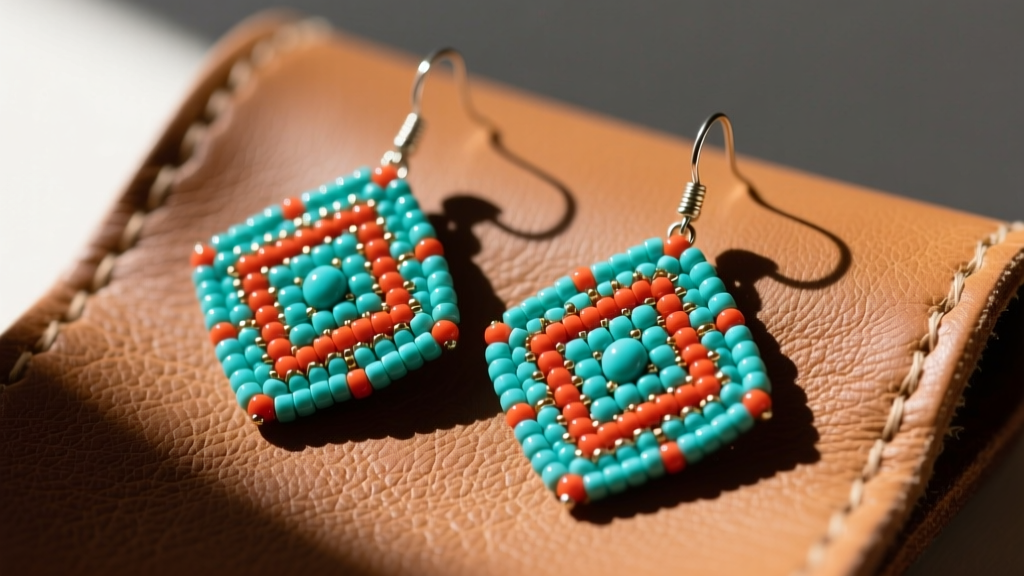 Close-up of Native beadwork earrings with turquoise and coral Czech glass seed beads resting on soft smoked buckskin leather.