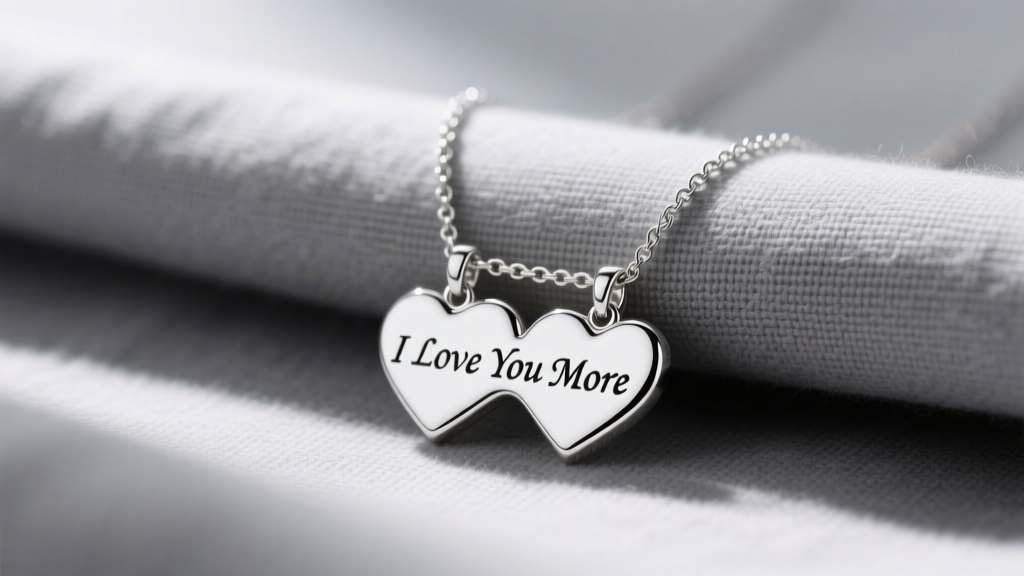 Close-up of a sterling silver i love you more necklace with interlocking heart pendants resting on a soft gray linen cloth