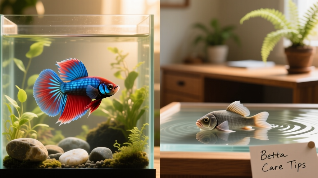 Side-by-side comparison: healthy betta swimming upright vs. sick betta floating abnormally at surface