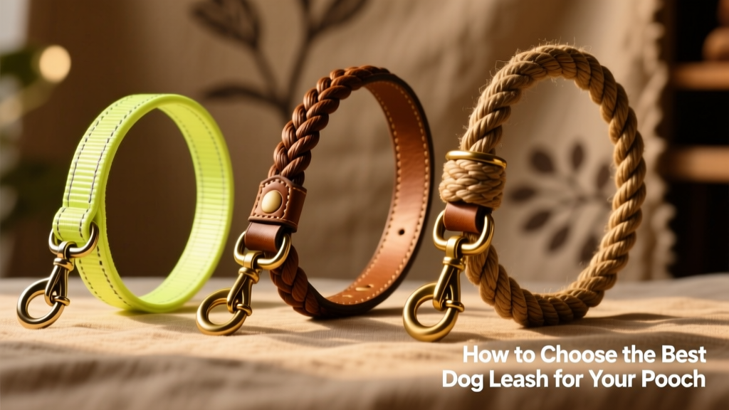 Close-up of three different standard leashes laid side by side: a reflective nylon leash, a braided brown leather leash, and a woven rope leash with metal hardware