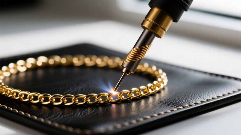 Close-up of a micro-TIG welder tungsten electrode positioned near a delicate 14k gold cable chain on a dark leather welding pad