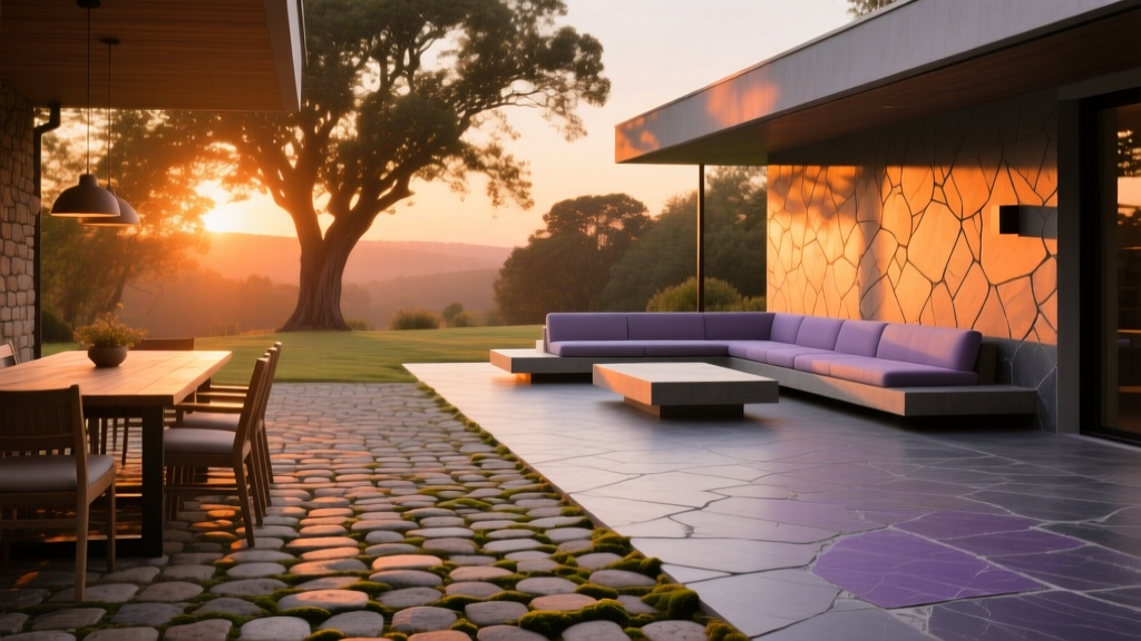 Seamless backyard transition from cobblestone paver dining area to slate-patterned stamped concrete lounge space at sunset.