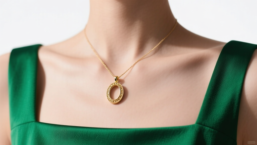 Macro shot of a gold oval pendant on the collarbone against an emerald square-neck dress, soft studio lighting.