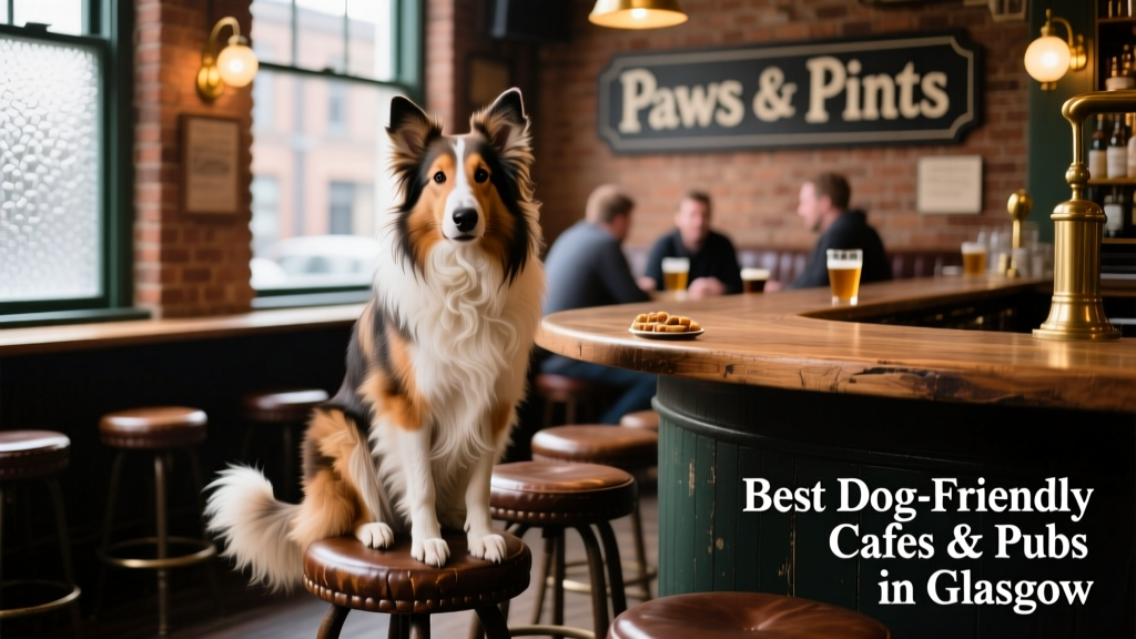 A collie sitting politely on a bar stool in a rustic Glasgow pub, awaiting a treat