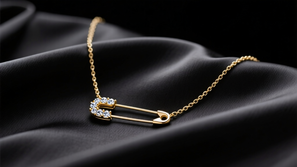 Gold vermeil safety pin necklace resting on a black silk blouse, highlighting the delicate pave crystal clasp detail in soft light