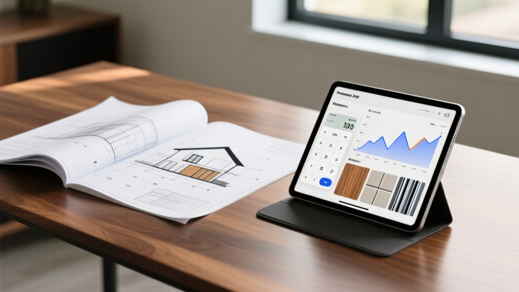 Architectural blueprints on a wooden desk next to a tablet displaying a house construction cost calculator and material samples