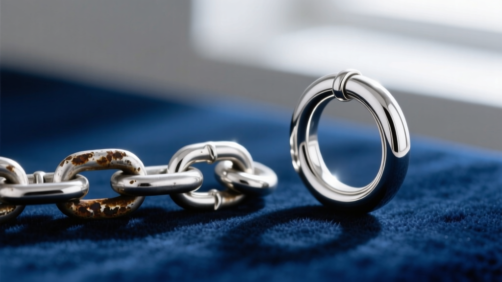 Macro view of a tarnished .925 sterling chain link beside a bright, untarnished .999 fine silver jump ring on dark blue velvet.
