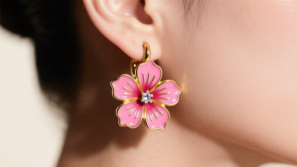Close-up of an ear wearing a 14k gold hibiscus huggie earring with vibrant pink vitreous enamel petals and a diamond stamen