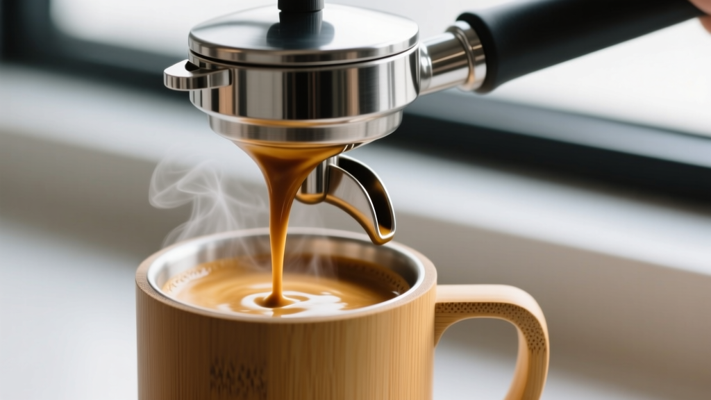 Close-up of a stainless steel manual espresso press extracting a rich, crema-topped shot of coffee onto a reusable bamboo camp mug.