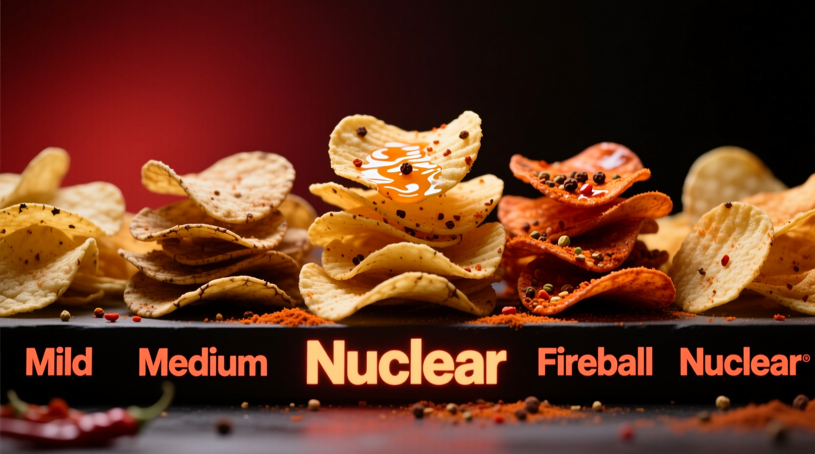 Close-up of various spicy potato chip varieties arranged by heat level
