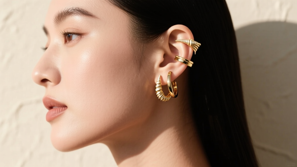 Side profile portrait showing a curated ear stack with three ear jewelry cuffs on the lobe, conch, and helix in natural daylight.
