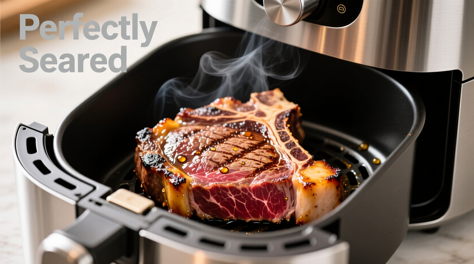 Perfectly seared ribeye steak in air fryer basket