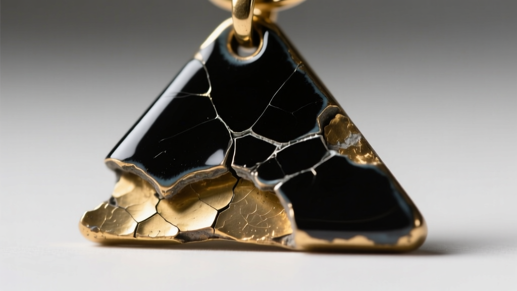 Extreme macro shot of a chipped black epoxy enamel section on a metal triangle pendant, revealing the brass base metal underneath.