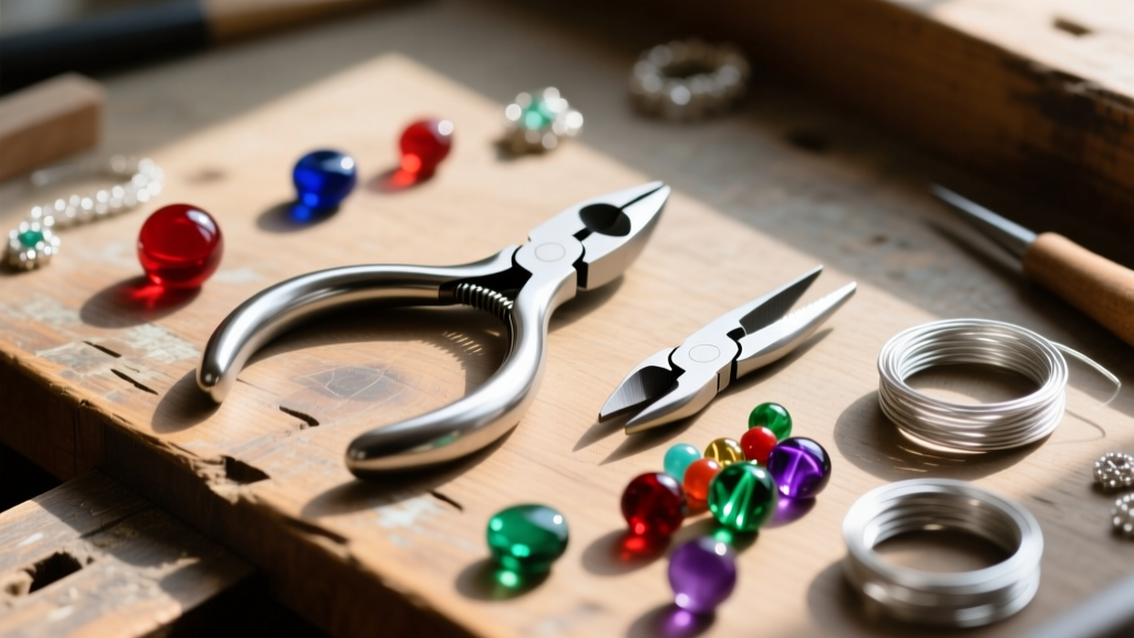 Flat lay of jewelry tools including round nose pliers, flush cutters, colorful glass beads, and silver wire on a wooden workbench