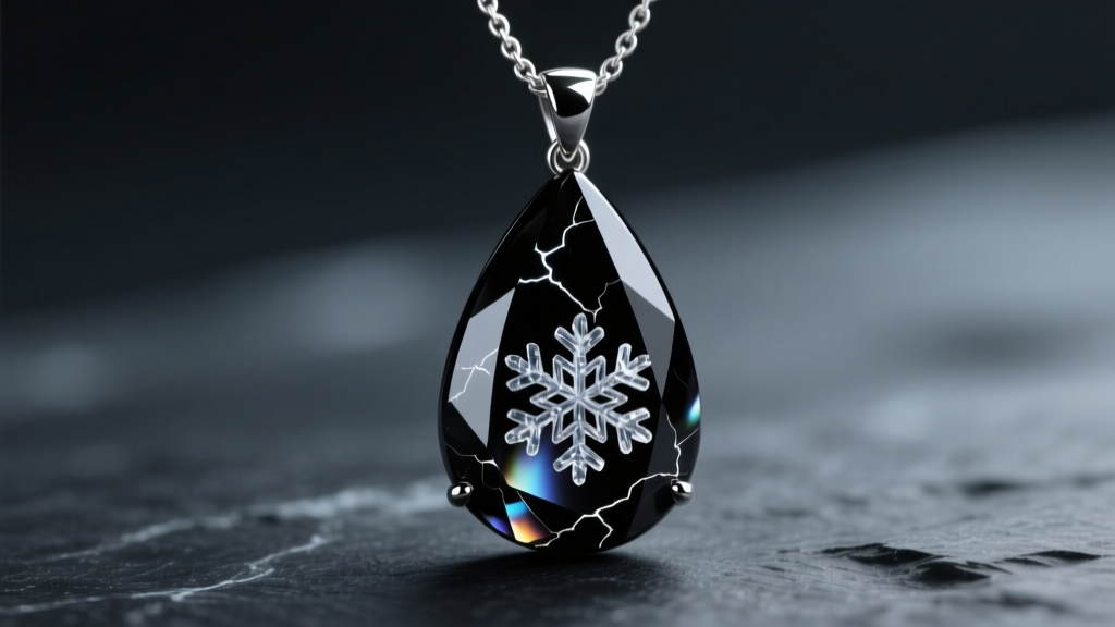Close-up of a polished snowflake obsidian teardrop pendant on a sterling silver chain against a dark slate background.