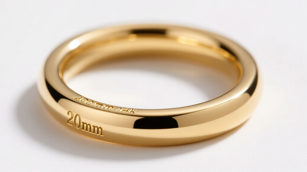 Side view of a 20mm 14k gold tubular hoop showing a flat outer edge, prepped for micro-text engraving under bright studio lighting