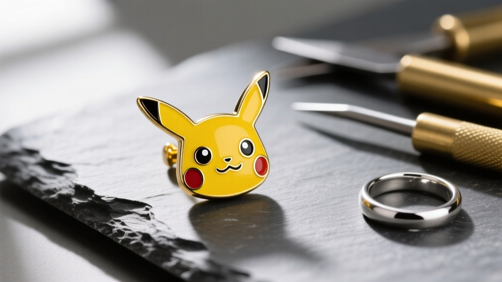 Macro shot of a yellow enamel Pikachu stud earring on slate, beside a jeweler's loupe and polishing cloth in soft light