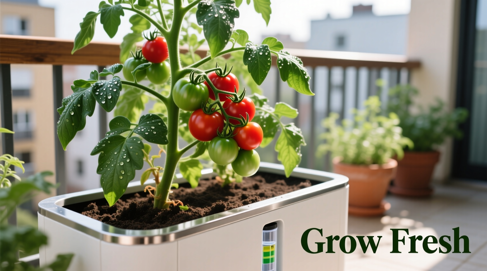 Tomato plant thriving in self-watering planter box