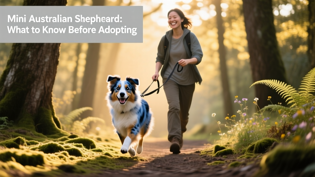 A Mini Australian Shepherd trotting happily beside its owner on a sunlit forest path