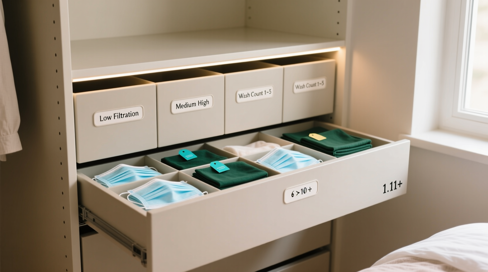 cloth face mask organization by filtration wash count