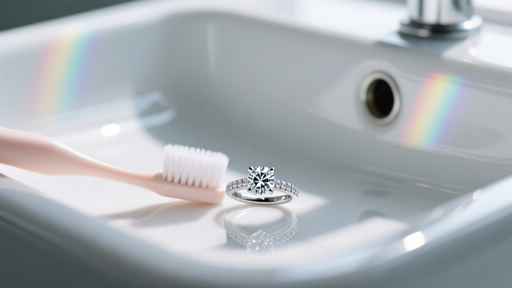 Soft baby toothbrush gently scrubbing the underside gallery of a platinum diamond ring over a clean white ceramic sink basin