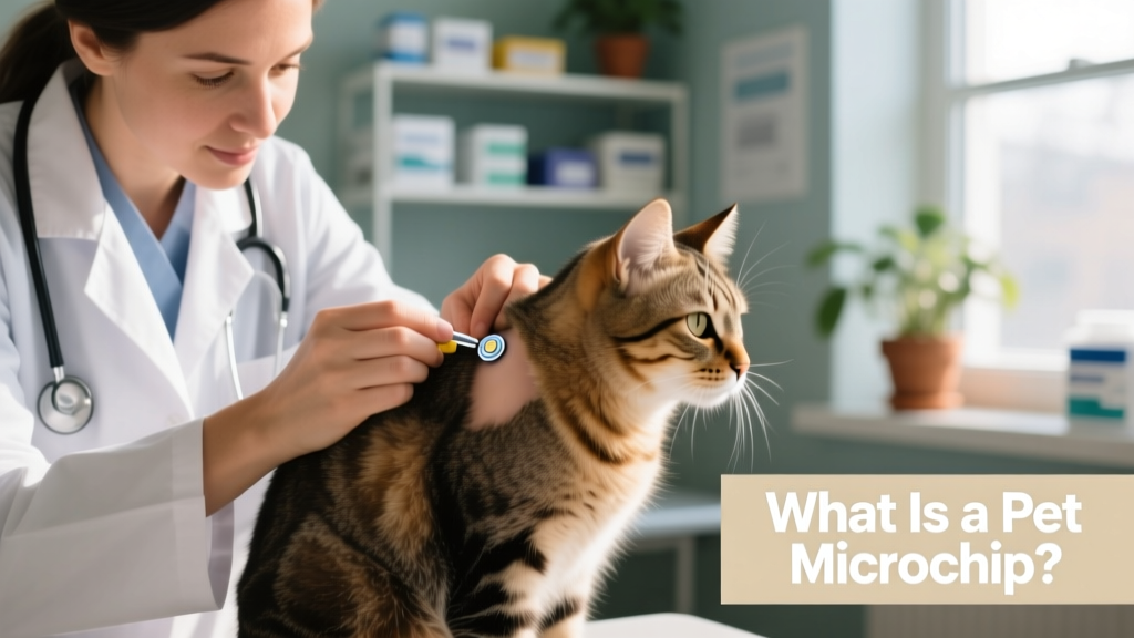 Close-up of a veterinarian gently inserting a microchip into a cat's scruff between the shoulder blades