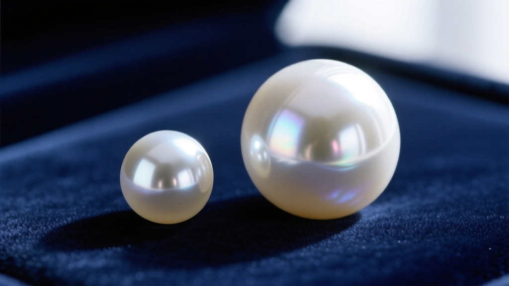 Macro comparison of a highly reflective 7mm Akoya pearl and a satin-lustered 12mm White South Sea pearl resting on navy velvet.