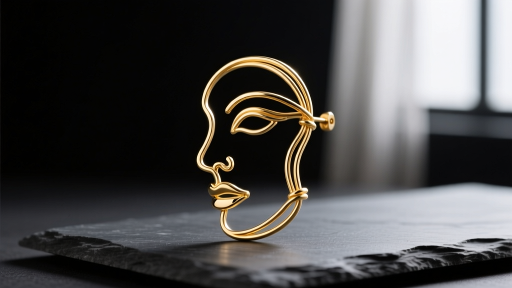 Macro shot of a continuous line drawing earring shaped like an abstract face, made of polished 18k gold wire resting on dark slate.