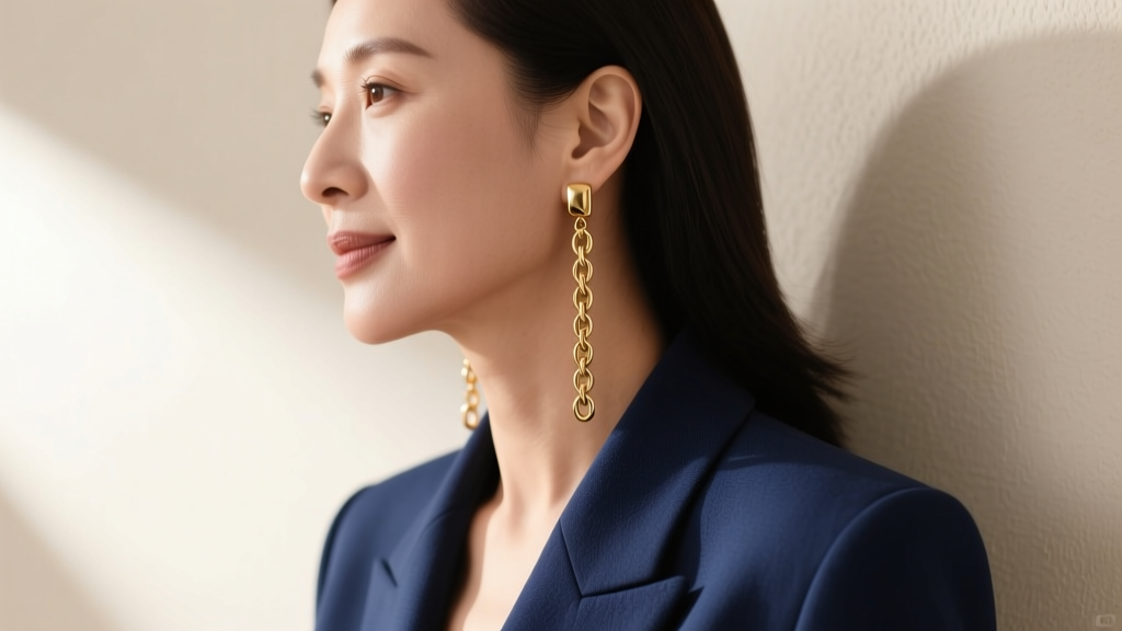 Woman wearing gold kelly clochette earrings with a blazer, side profile shot emphasizing the jawline and the earring drop length.