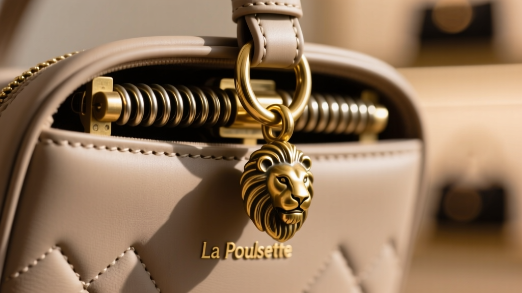 Macro shot of a La Pousette back securing a heavy brass lion dangle, revealing the internal spring mechanism and silicone grip pad.