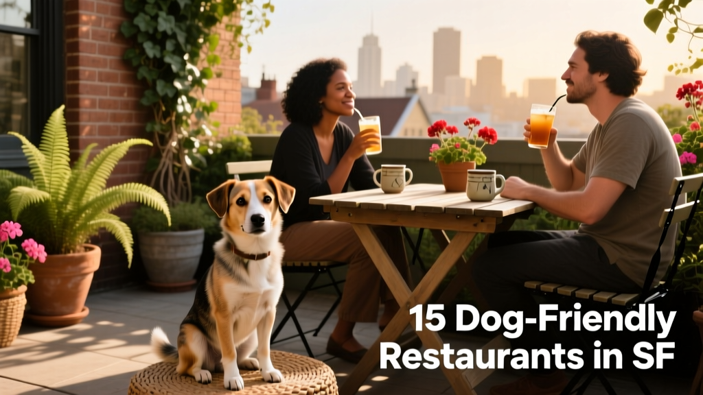A small mixed-breed dog sitting calmly beside two people enjoying drinks on a cozy, plant-filled patio in San Francisco