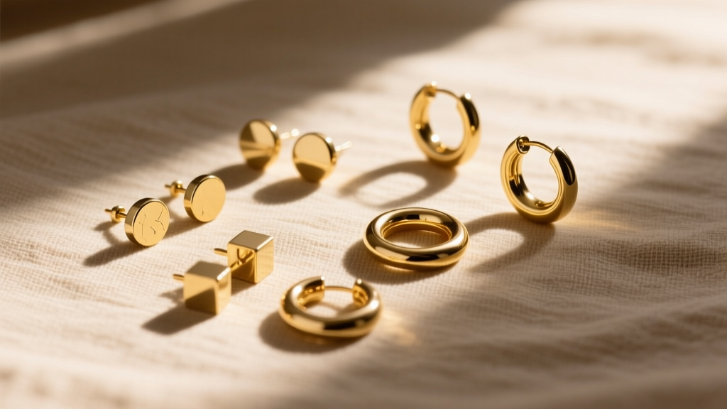Flat lay of a minimalist jewelry capsule featuring 14k gold stud and hoop earrings on textured linen with soft morning sunlight