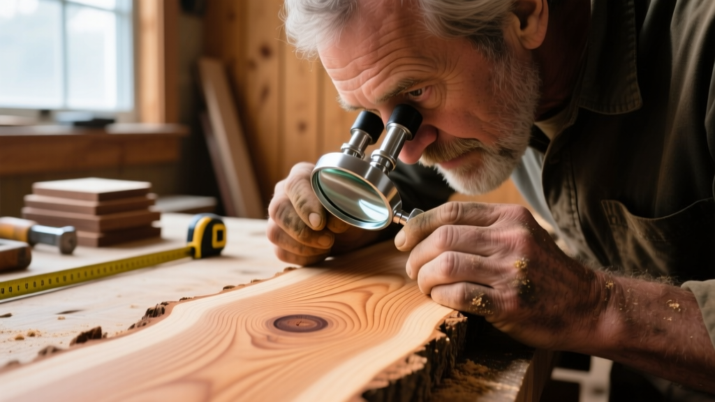 Close-up of a carpenter using a 10x jeweler loupe to examine the end grain pores of a rough-sawn Douglas Fir board on a workbench