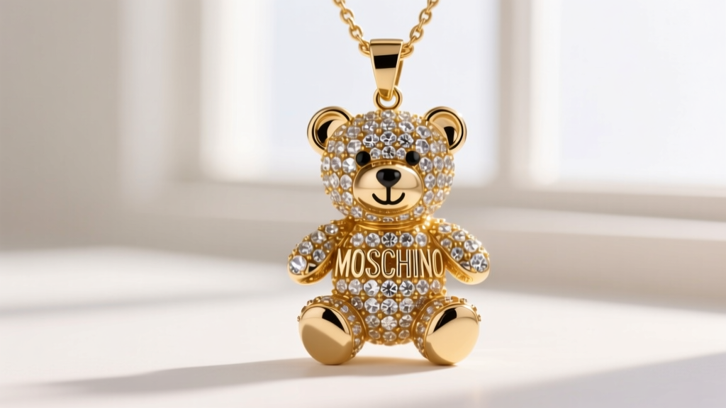 Macro shot of a Moschino teddy bear pendant showing pave crystals and gold-plated brass texture under bright natural daylight