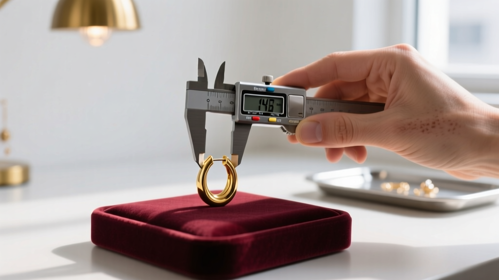 Close-up of a jeweler using digital calipers to measure the inner diameter of a 14k gold hoop earring on a velvet display pad