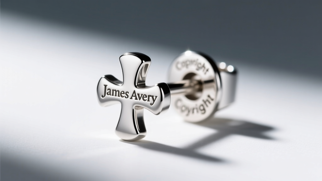 Macro photo of James Avery earring post showing cast-in sterling cross hallmark and copyright stamp under bright loupe lighting.