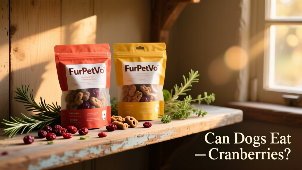 Two colorful dog treat bags labeled 'FurPetVo' displayed on a rustic shelf with dried cranberries and herbs