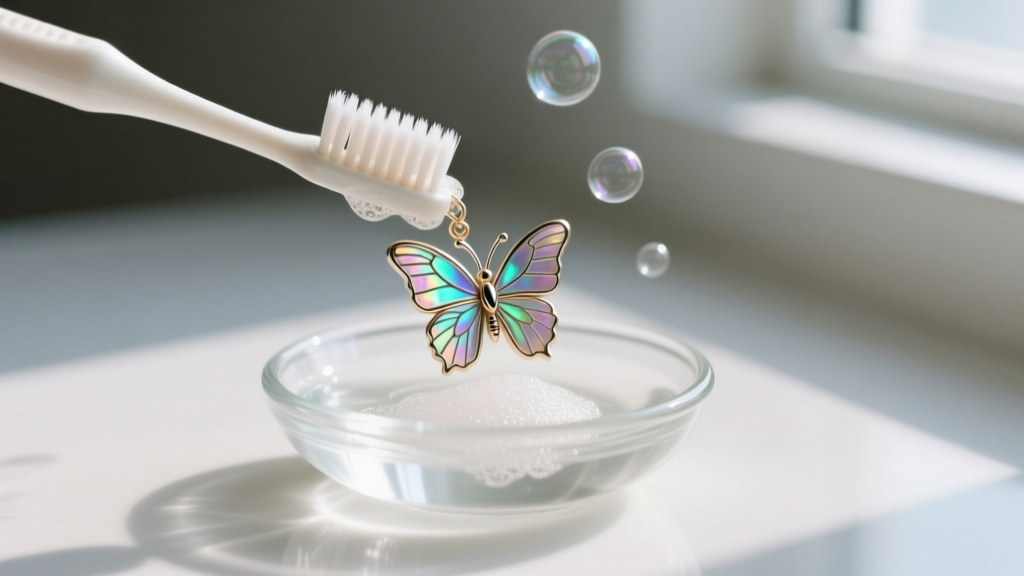 Soft-bristled toothbrush gently cleaning the enamel wings of a butterfly pendant with mild soapy water in a small glass bowl.