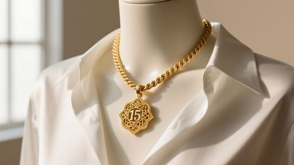 Close-up of a heavy 15-gram gold pendant on a thick 3mm rope chain, resting elegantly on the upper chest of a mannequin.