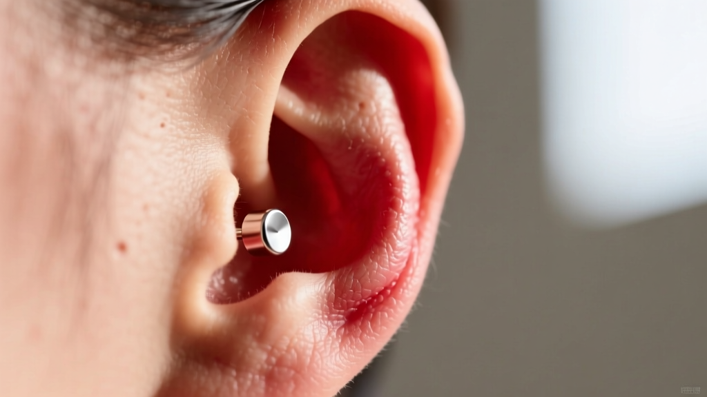 Macro shot of a red, irritated earlobe around a titanium stud earring, soft lighting highlighting skin texture and mild swelling