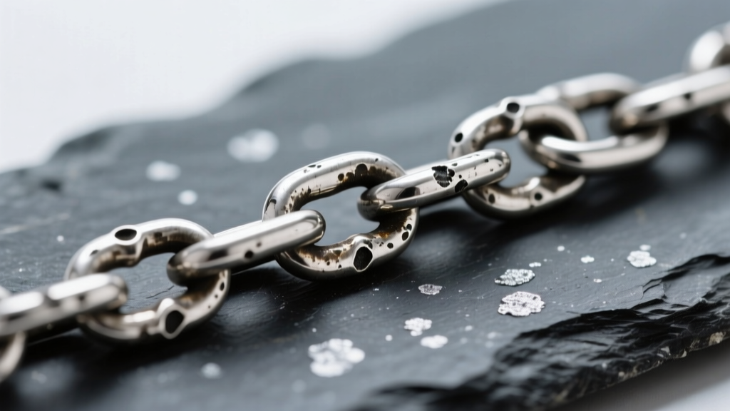 Macro view of a tarnished sterling silver chain on slate, showing dark silver sulfide spots and a dull, oxidized metal surface.