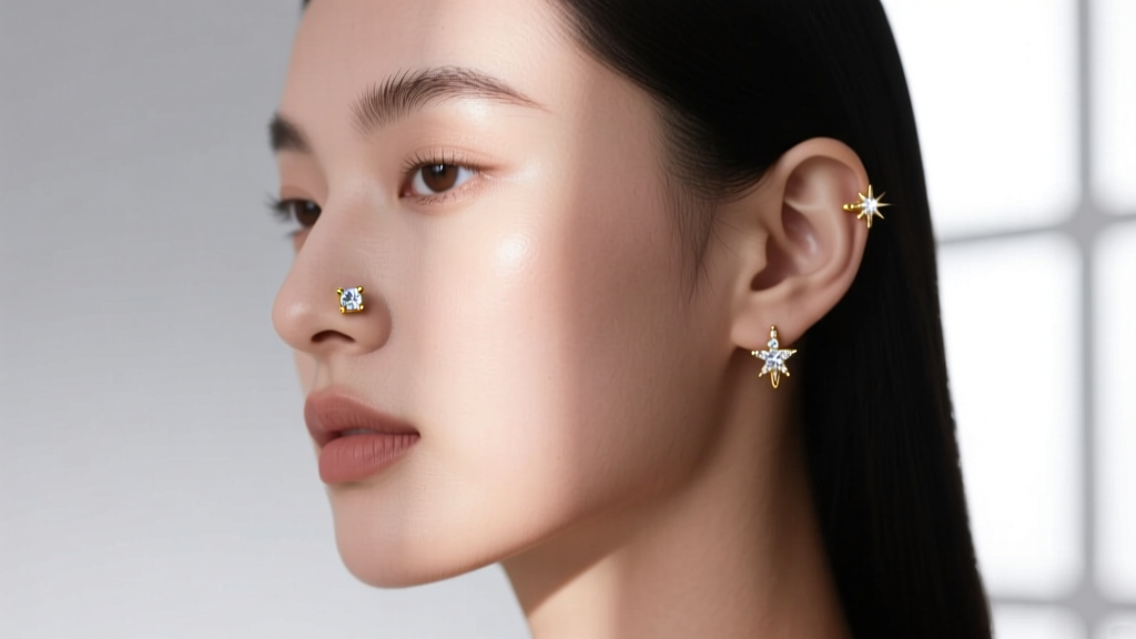 Side profile of a model wearing a 14k gold diamond nose stud and matching micro-huggie ear hoops in soft natural light