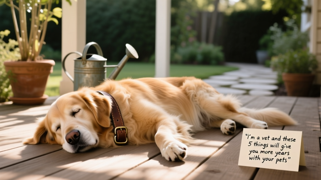 A calm senior golden retriever lying peacefully on a shaded patio, eyes half-closed