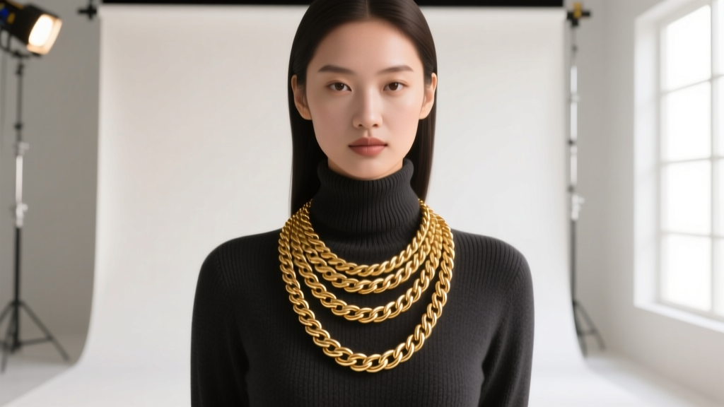 Model wearing a layered 28 inch gold rope necklace over a dark turtleneck sweater, studio lighting highlighting the metal texture