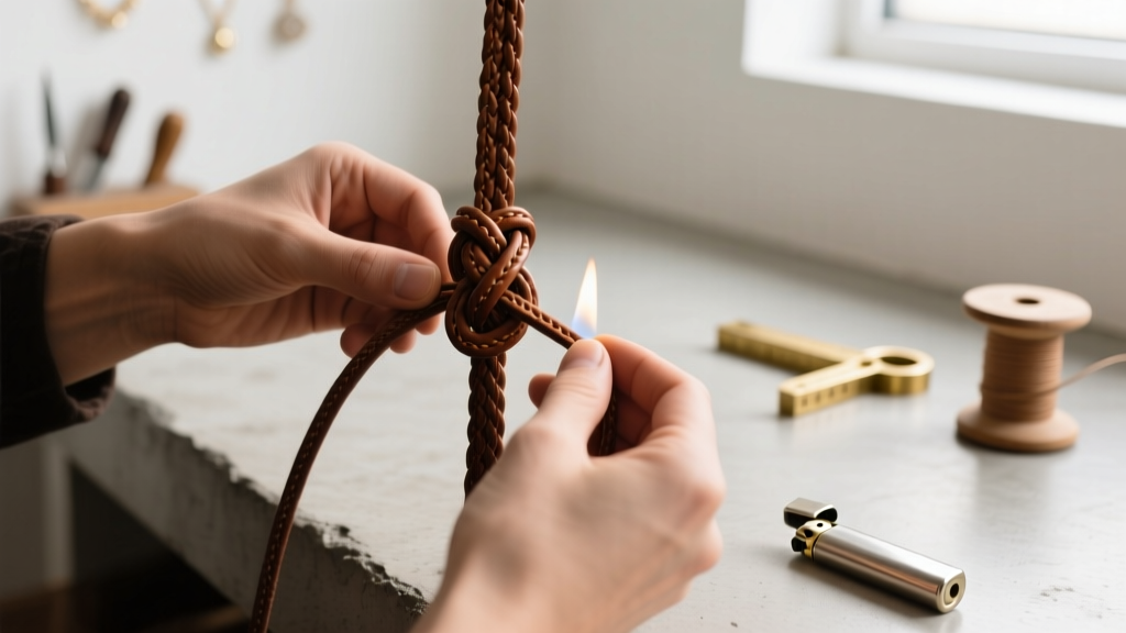 Hands tying a sliding macrame knot on a brown leather cord, with a lighter nearby to seal ends in a softly lit jewelry studio.