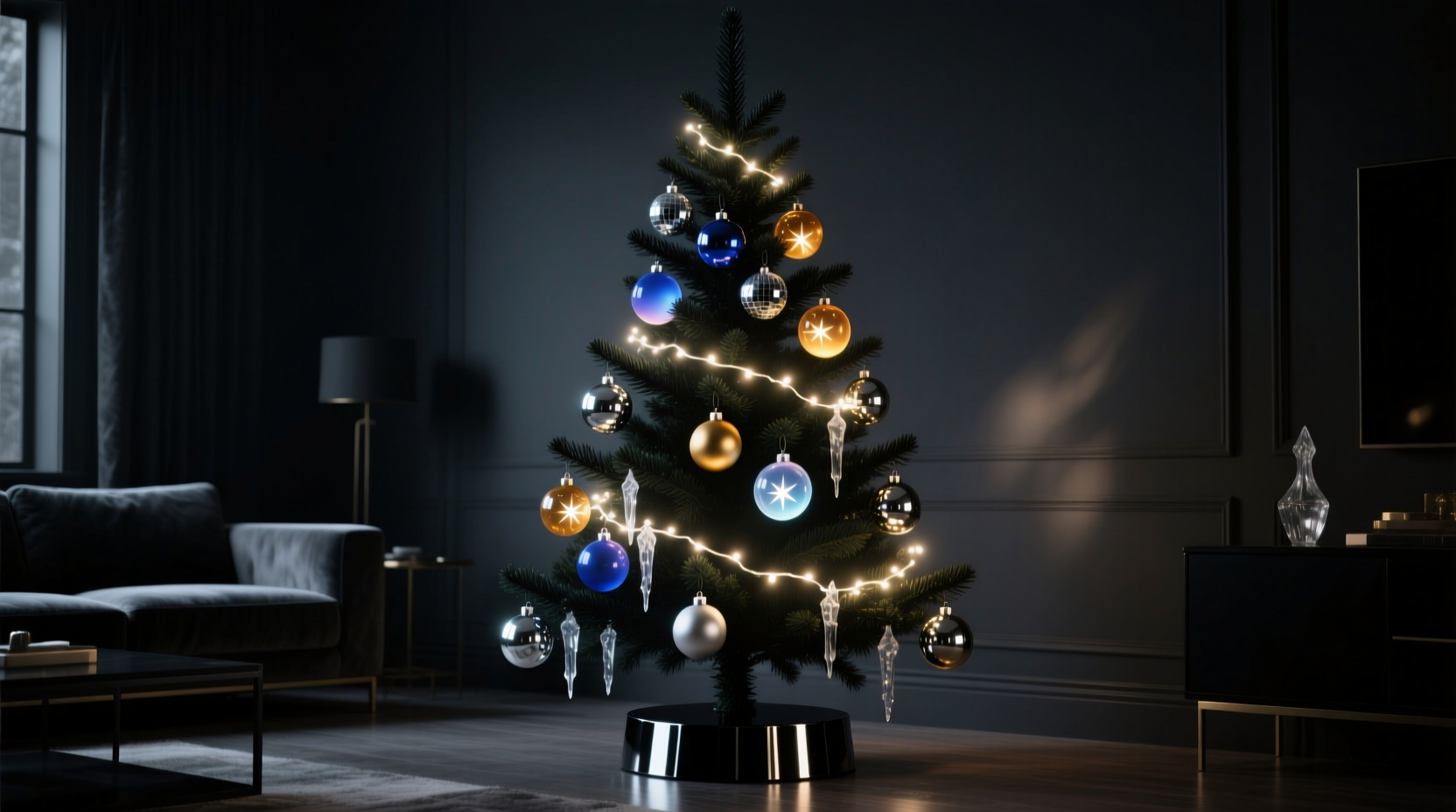 how to style a christmas tree for a dark living room using reflective and luminous elements only